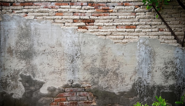 Старая кирпичная стена и старая серая цементная стена с потрескавшимся цветом с деревом на некотором расстоянии