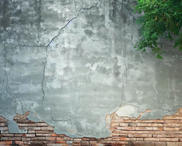 Old brick wall and old gray cement wall with cracked color with the tree up some space