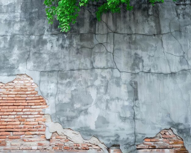 Old brick wall and old gray cement wall with cracked color with the tree up some space