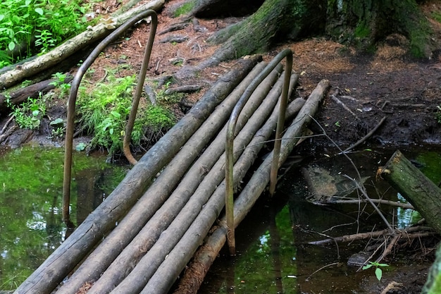 Old bridge of logs over the river in the forest