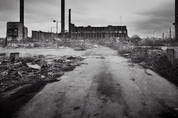 Old broken factory and destroyed industrial buildings against gray sky