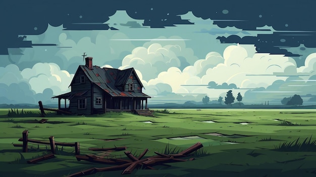 Old broken house on green field under cloudy sky illustration AI Generated