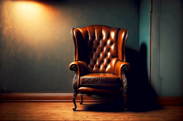 Old brown leather chair on wooden legs in empty room