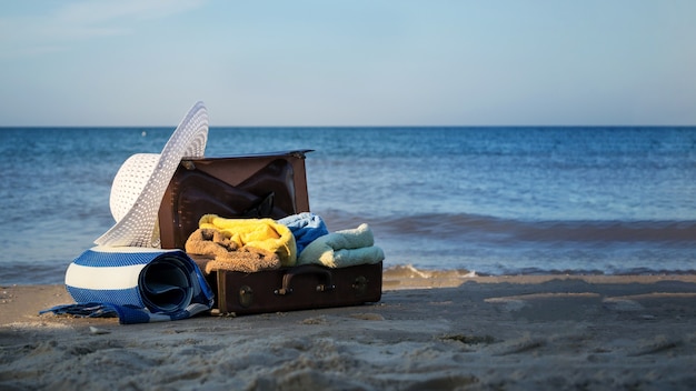 Old brown suitcase on the seashore. free space