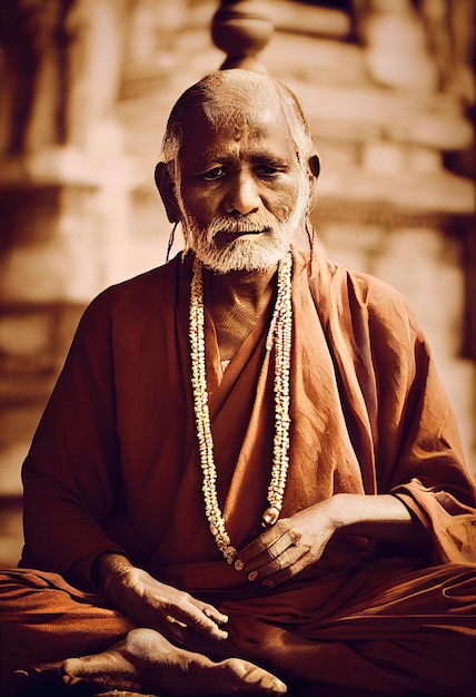 An old buddhist monk dressed as a monk meditating buddhist monk\
portrait of an ancient wise elder