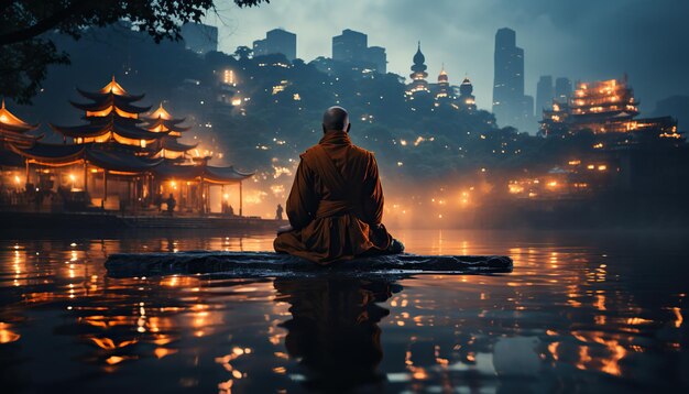 Old buddhist monk in meditation beside the river with modern lighting of modern city background