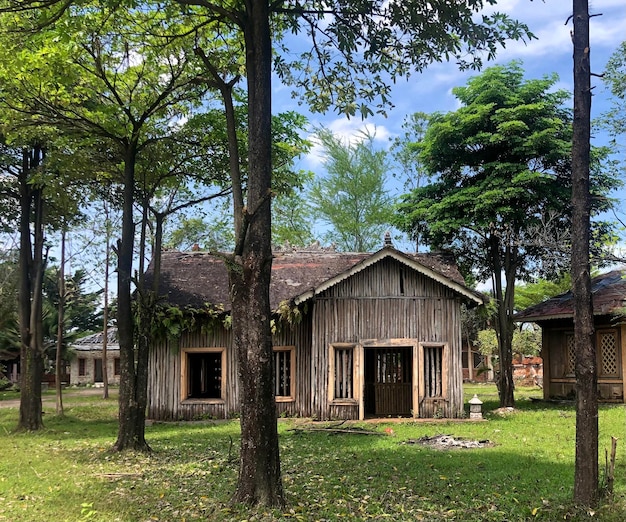 Old building by trees against sky