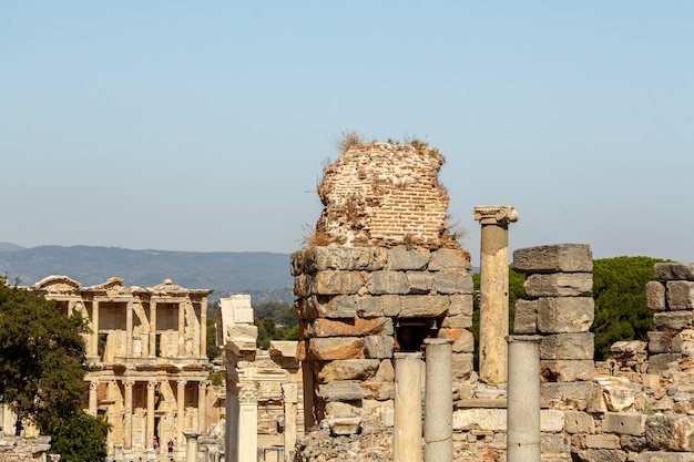 Old building of ephesus against clear sky