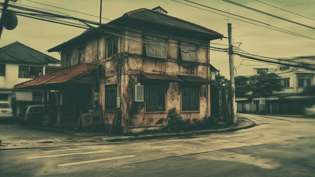 「死んだという言葉」と書かれた看板が掲げられた通りにある古い建物