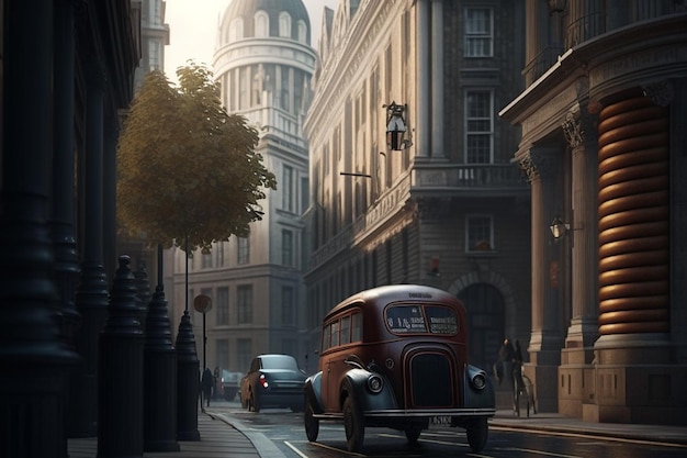 an old bus is driving down the street in the city.