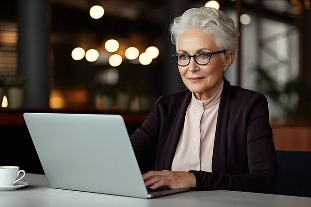 Photo old businesswoman sitting in front of a laptop in a modern office coworking space a grayhaired serious famale works alone