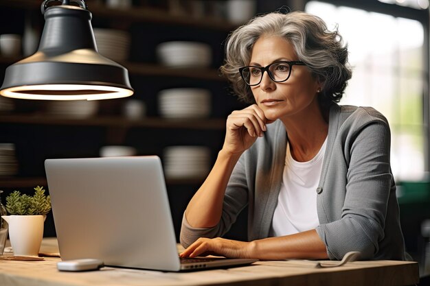 Photo old businesswoman sitting in front of a laptop in a modern office coworking space a grayhaired serious famale works alone