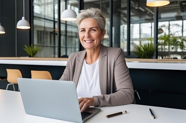 Photo old businesswoman sitting in front of a laptop in a modern office coworking space a grayhaired serious famale works alone