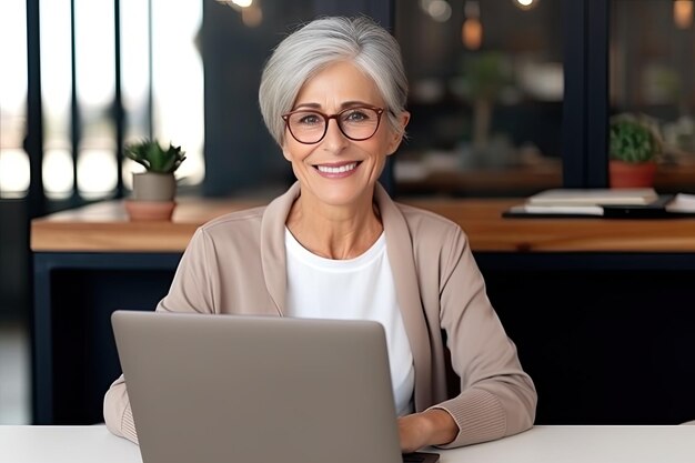 Photo old businesswoman sitting in front of a laptop in a modern office coworking space a grayhaired serious famale works alone