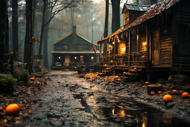 an old cabin in the forest in the fall