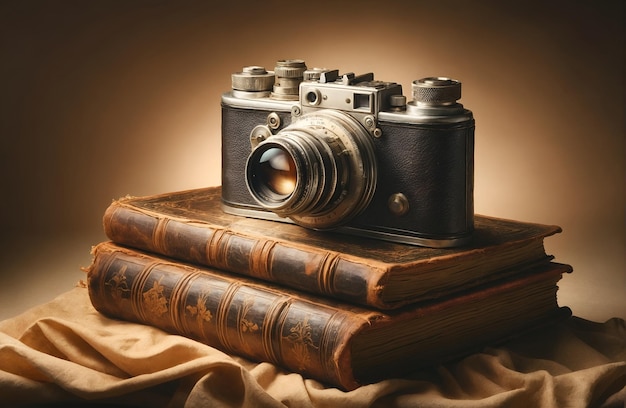 An old camera resting atop an ancient book