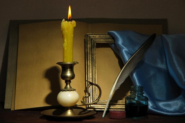 Old candle on table in room