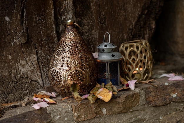 Old candlestick lamps in the garden