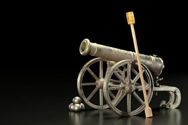 An old cannon has rust on carriage and cannonballs beside it against a black and dark background. A powerful weapon used by the military in the past to fight their enemies. 3D illustration rendering.