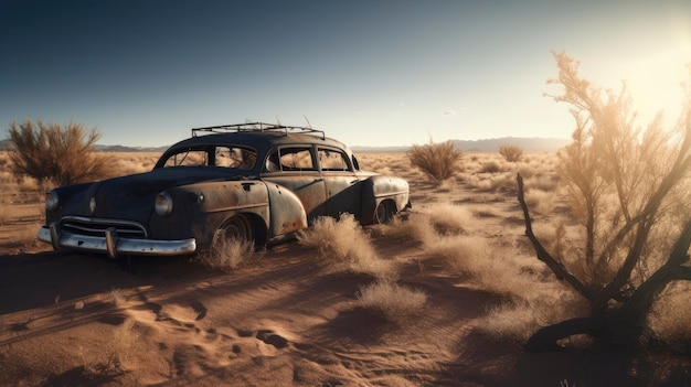 An old car in the desert with a cactus in the background.