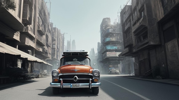 Old car face to camera in front of a futuristic city