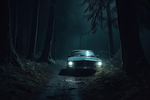 Old car found in a mysterious forest at night which can evoke a sense of intrigue suspense or danger Generative AI