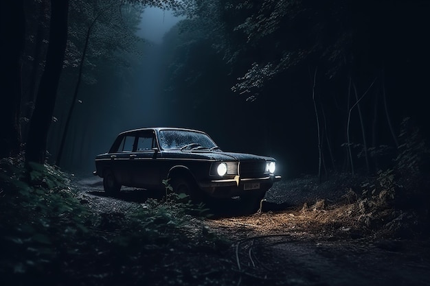 Photo old car found in a mysterious forest at night which can evoke a sense of intrigue suspense or danger generative ai