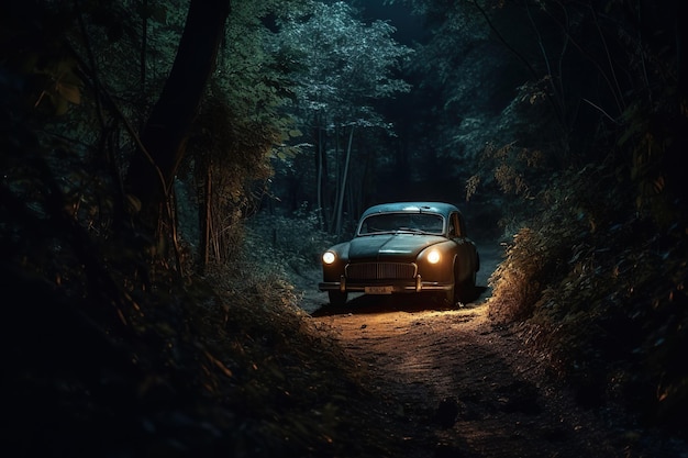 Old car found in a mysterious forest at night which can evoke a sense of intrigue suspense or danger Generative AI