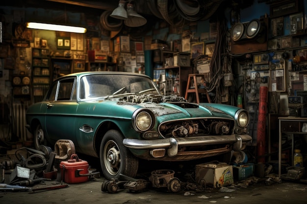 Old car in the garage of an old factory Vintage style car in auto repair shop AI Generated