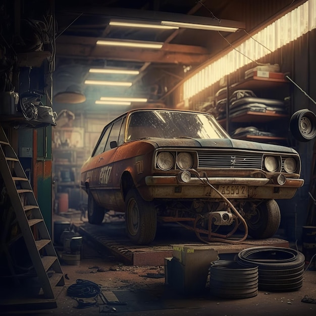 An old car is in a garage with the word mercury on the front.