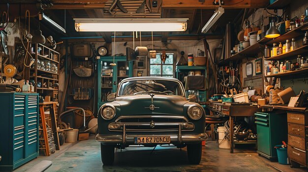 Photo an old car is parked in a messy garage the garage is full of tools and junk the car is dusty and has a flat tire