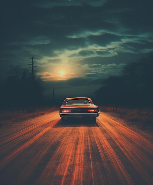 Photo old car on road in night