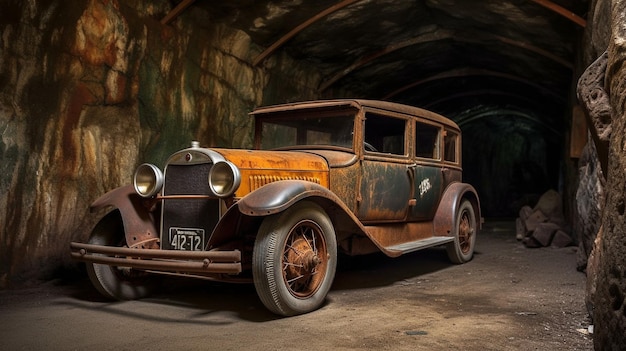 An old car in a tunnel that says'47'on the front.