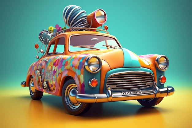 An old car with a colorful paint job on the roof.