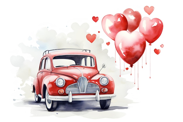 The old car with hearts and balloons