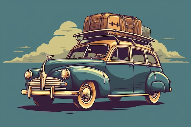 An old car with luggage on top of it