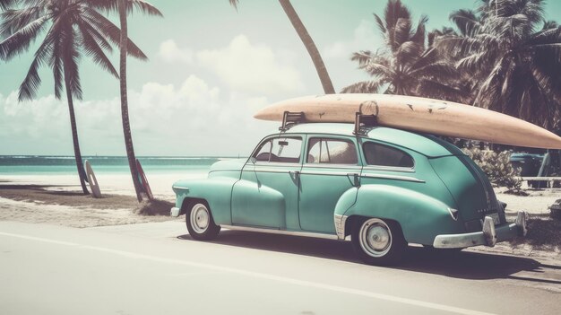 Old car with surf board Illustration AI Generative