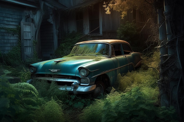 An old car in the woods with the word mercury on the front.