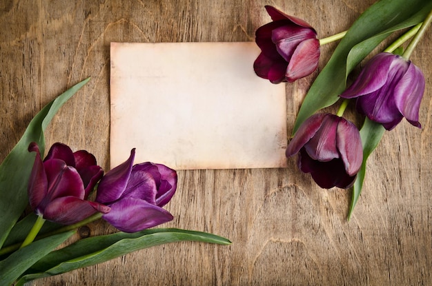 The old card and fresh tulips from two corners is lying on wooden background