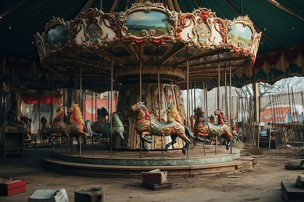 Photo old carousel in an abandoned building the concept of amusement park ai generated