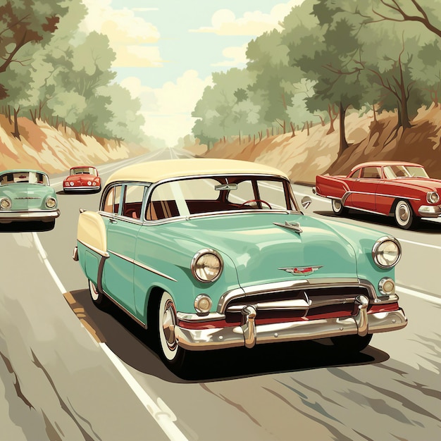 old cars 1950s illustration