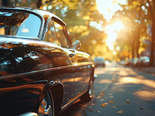 Photo old cars driving on the road shining with sunlight