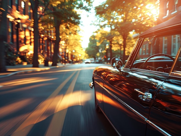 Старые машины ездят по дороге, сияющие солнечным светом.