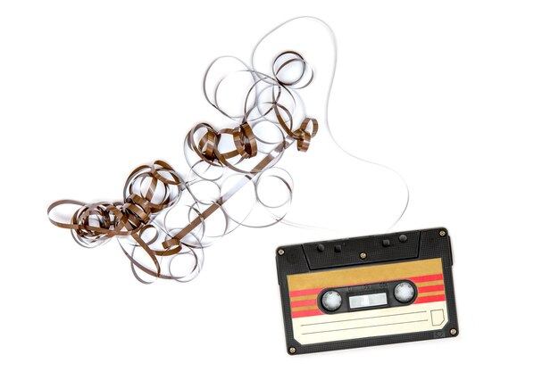 Photo old cassette tapes with copy space on white background