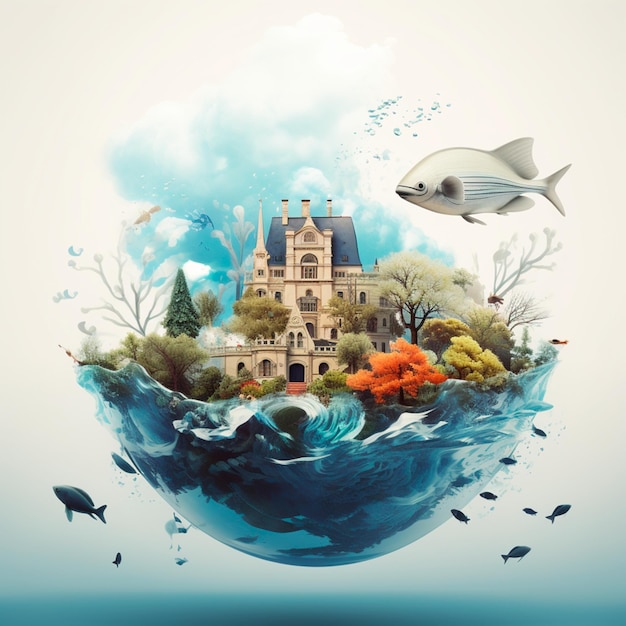 an old castle and other fish on the ocean around a globe