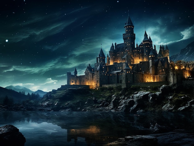 夜の星空の下の古城