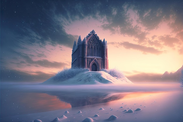 古い城の冬の風景 ファンタジーの雪の風景 冬の城 抽象的な生成 AI イラスト