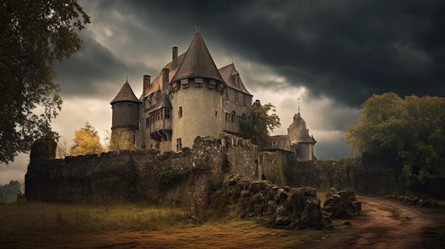An old castle with a dark and stormy sky