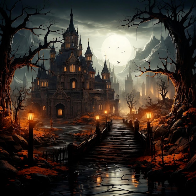 마녀 유령 좀비 죽은 사람들이 할로윈을 축하하기 위해 모인 빛나는 창문이 있는 오래된 성은 성 주변에 등불이 켜져 있습니다.