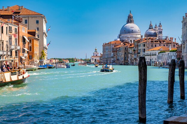 Old cathedral of santa maria della salute in venice italy at sunset